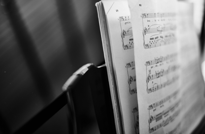 Black and white close up image of sheet music